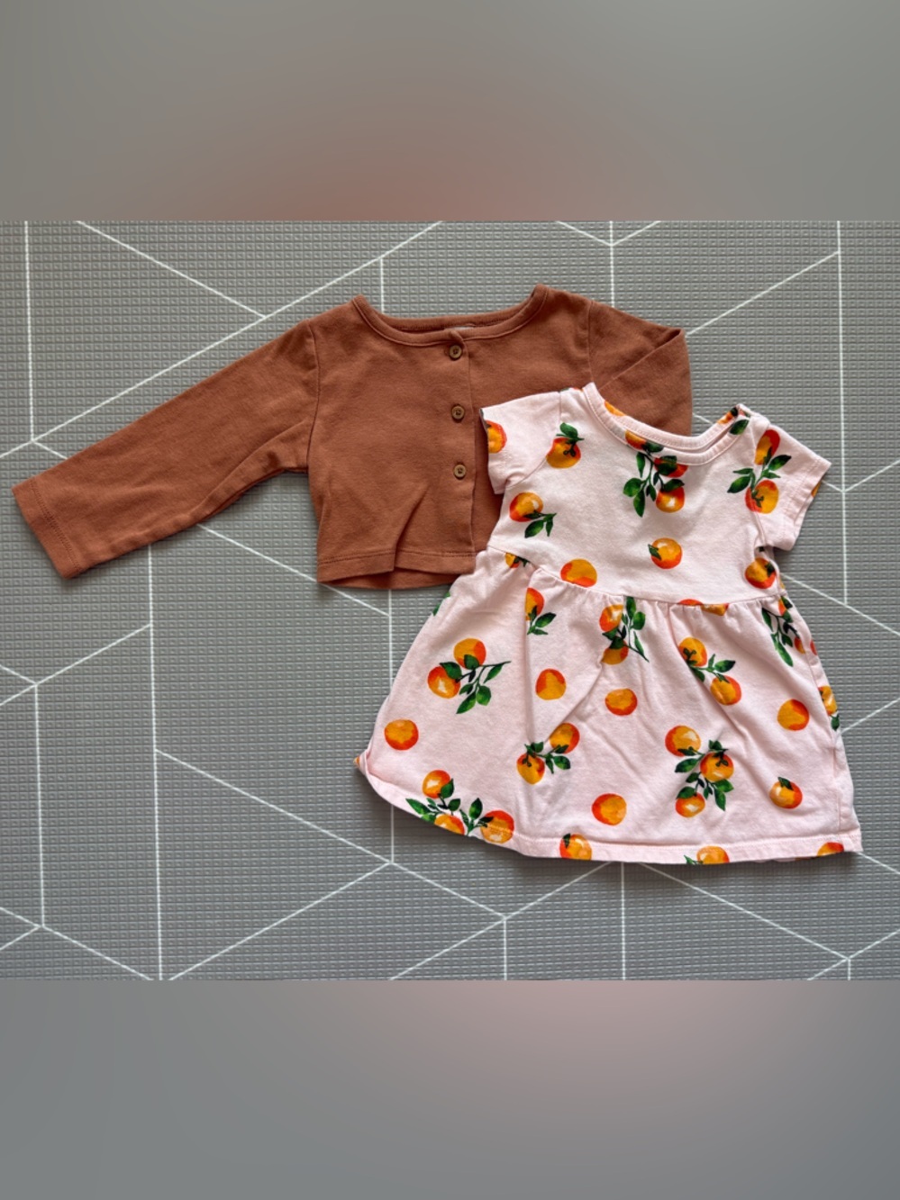 Old Navy|Baby girl boho set,Peach Print Dress & Brown Cardigan,novelty print•12M